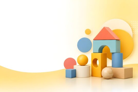 Happy Children's Day Banner Concept with 3D Colorful Wooden Toy Blocks on Yellow Background