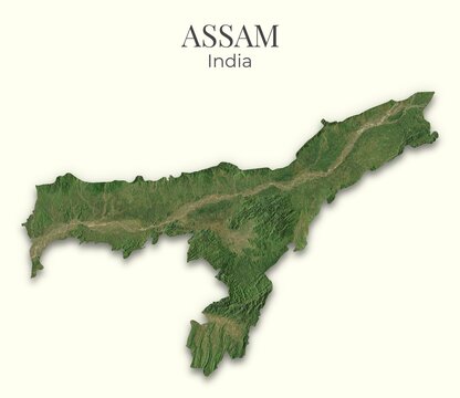 Assam Shaded Relief Map. India. Hillshaded physical map. Terrain illustration of Assam. Elements of this image derrived from NASA imagery and SRTM dataset.
