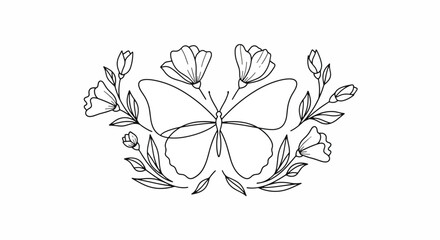 Obraz premium Butterfly Floral Design Line Art Black and White Nature.