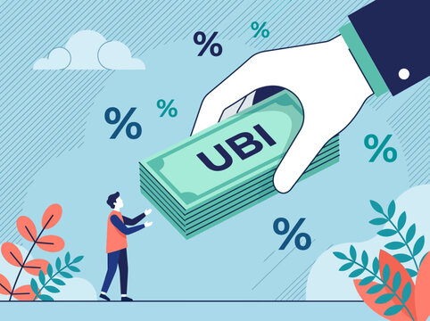 Universal Basic Income UBI Concept Illustration: Large Hand Giving Cash Money Stack to a Person. Social Welfare, Government Financial Support, and Economic Policy.