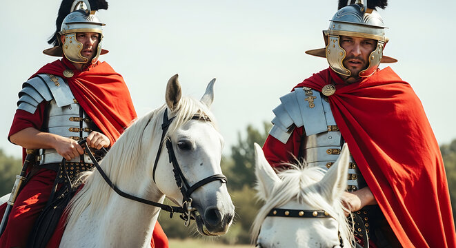 Valiant Roman legionary soldier clad in bronze metallic armor and flowing crimson cape riding a noble white stallion horse during ancient historical reenactment in close-up cinematic detail.