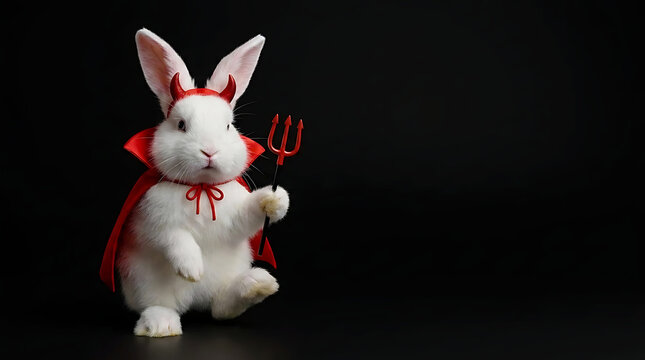 Funny white rabbit in devil costume with red horns and trident for Halloween on black background copy space banner