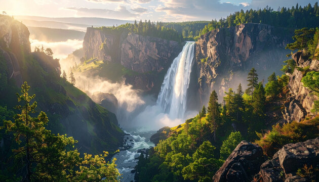 A grand scenic waterfall flows over rugged cliffs into a misty valley with sunlight filtering through trees.