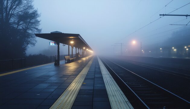 Empty railway station platform in thick fog with warm lights