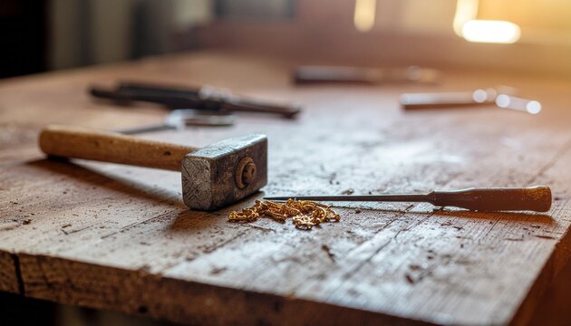Jeweler tools and gold jewelry on a rustic wooden workbench