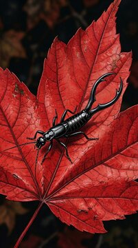 Black earwig insect crawling on vibrant red maple leaf autumn background