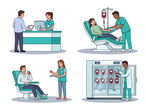 Medical Blood Donation Center Illustration Set: Step-by-Step Process including Donor Registration, Blood Transfusion, Recovery with Snacks, and Laboratory Storage.