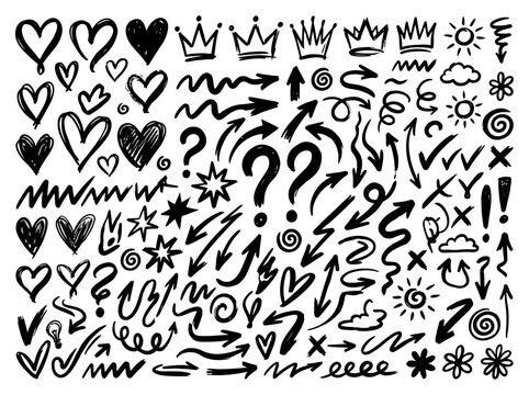 Large Collection of Hand Drawn Doodle Elements - Arrows, Hearts, Crowns, Stars, and Sketchy Ink Symbols for Creative Design and Journaling