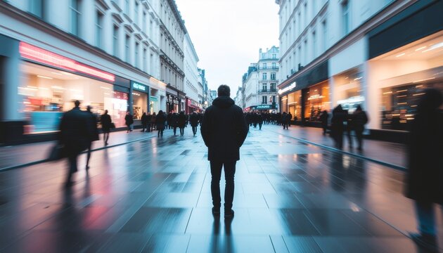 Man standing still on a busy city street with motion blur