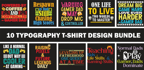 Naklejka premium 10 Premium Gamer Dad Typography T-Shirt Design Bundle - Retro Vintage Gaming Quotes for Father's Day, Video Game Controller Vector Art and Fun Fatherhood Slogans.