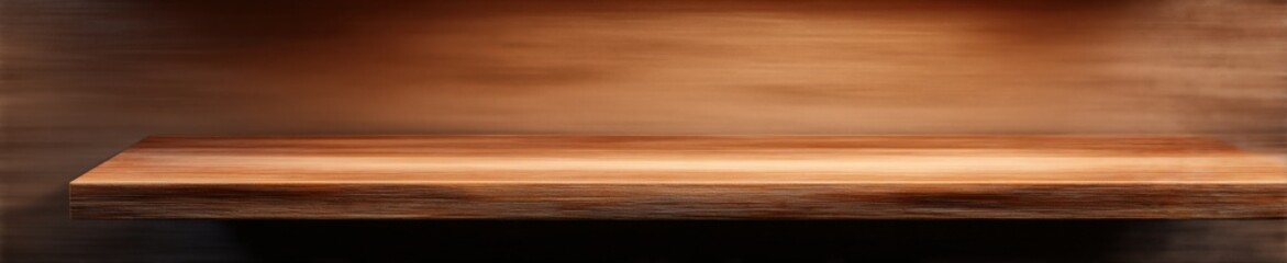 Obraz premium Empty wooden shelf with warm lighting and textured background for product display