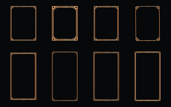 Set of decorative rectangular frames in elegant line style featuring minimal golden outlines with varied corner details, ideal for invitations, branding, UI design, social media, and premium layouts
