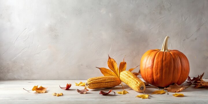 Autumnal Still Life Featuring a Pumpkin and Corn with Dried Leaves on a Rustic Surface