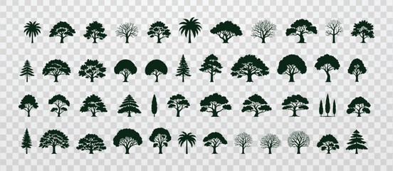 Fototapeta premium Collection of tree silhouettes in flat vector style featuring diverse forest and tropical species arranged in a clean grid layout, ideal for landscape design, maps, games, environmental graphics