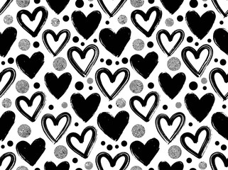 Fototapeta premium Seamless Heart Pattern with Hand-Drawn Brushstrokes and Polka Dots, Black and White Romantic Background for Valentine's Day and Wedding Stationery