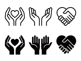 Fototapeta premium Charity and Care Icon Set - Hands Holding Heart, Handshake and Helping Hands Vector Illustrations for Social Support, Volunteering, and Community Partnership
