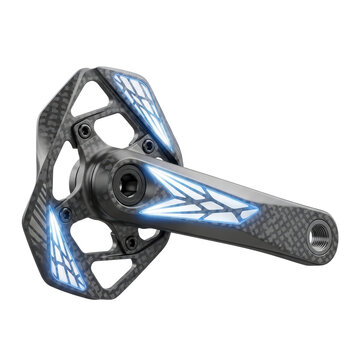Carbon fiber bicycle crankset with futuristic blue lighting