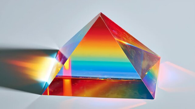 Abstract footage of a transparent prism pyramid with vivid rainbow refraction and light streaks on a glossy reflective surface, clean studio background and copy space