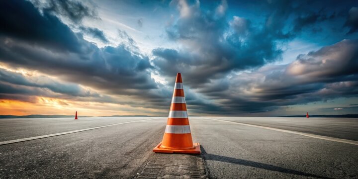 A solitary traffic cone stands sentinel on a vast asphalt expanse, under a dramatic sunset sky