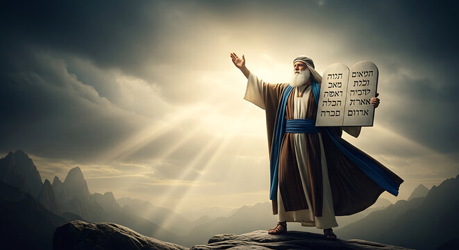 Biblical prophet Moses standing outdoors holding sacred stone tablets with the ten commandments inscribed under a dramatic stormy sky depicting an old testament religious scene.