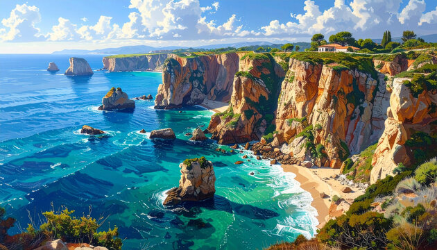 Luxury coastal cliffs with rock formations meet vibrant blue water