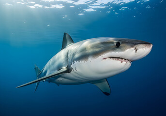 Naklejka premium Magnificent great white shark glides through deep blue ocean waters displaying power and grace in its natural habitat