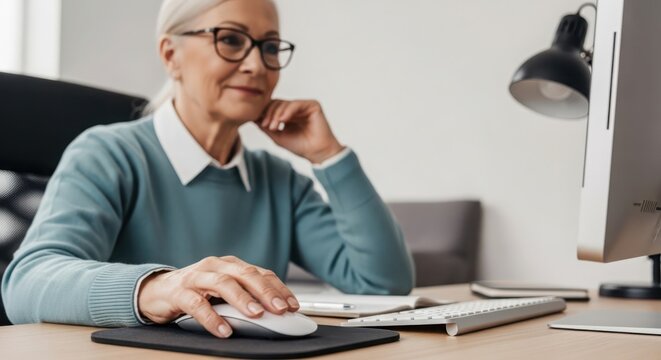 Elderly woman with glasses using a computer mouse and keyboard while browsing the internet at a desk