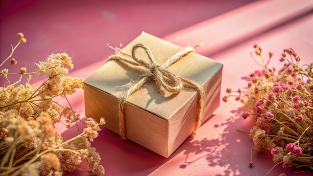 A thoughtfully wrapped gift box rests on a pink surface, adorned with dried floral accents.  The soft light casts delicate shadows, enhancing the serene and elegant presentation.