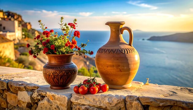 Two earthenware vases and tomatoes on stone ledge overlooking ocean; bright, warm lighting, serene and inviting scene