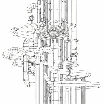 Industrial distillation column wireframe diagram for engineering.
