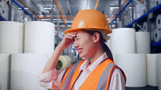 Close Up Side View Of Asian Female Engineer With Safety Helmet Having A Headache While Working at Warehouse with Rows of Stacked White Polymer and Paper Rolls