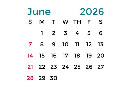 June 21, 2026 calendar with light blue writing on a white background