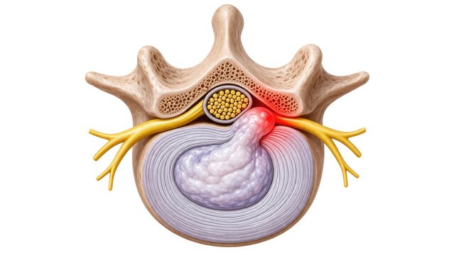 Herniated Spinal Disc with Nerve Compression and Inflamed Disc Bulge Illustration Isolated on White Background