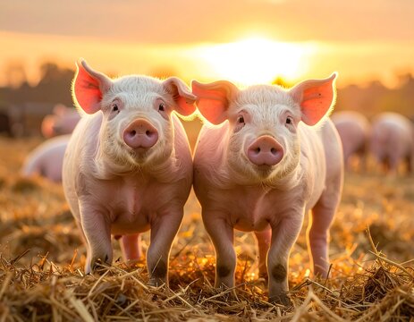 Two pink piglets stand side-by-side in straw with a blurry herd and a bright sunset behind them