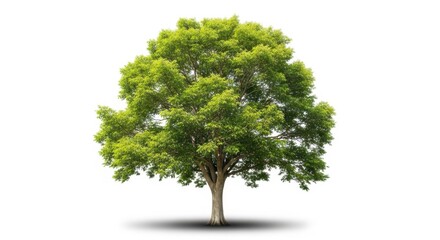 Fototapeta premium A lush, vibrant green tree with a full canopy and detailed foliage, isolated on white background