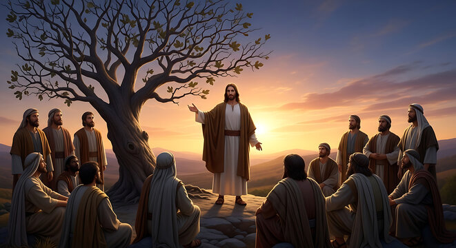 Divine illustration of Jesus Christ teaching holy parables to devoted disciples beside a barren fig tree at golden sunset, representing the biblical narrative of faith and spiritual fruitfulness.
