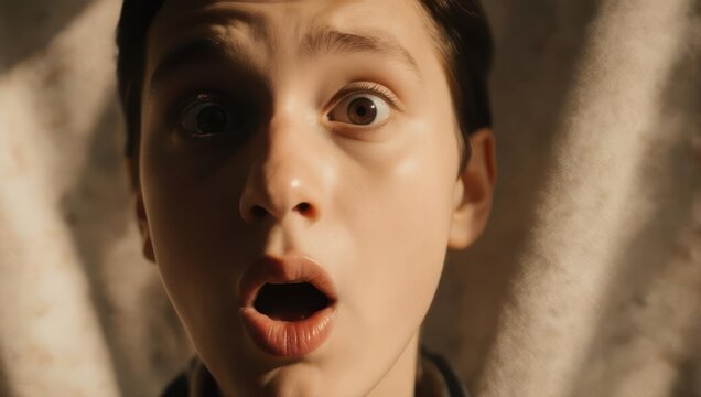Shocked Young Boys Close-Up - Wide-Eyed Fear and Surprise.