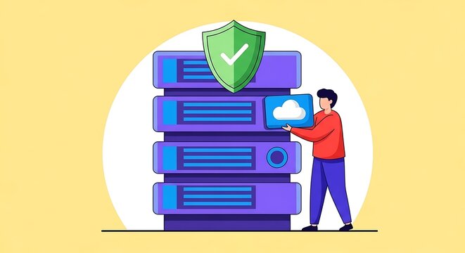 Man holds cloud icon next to secure server stack with green shield.