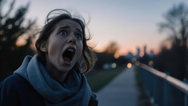 Young Woman Screaming in Fear and Terror Outdoors at Dusk.