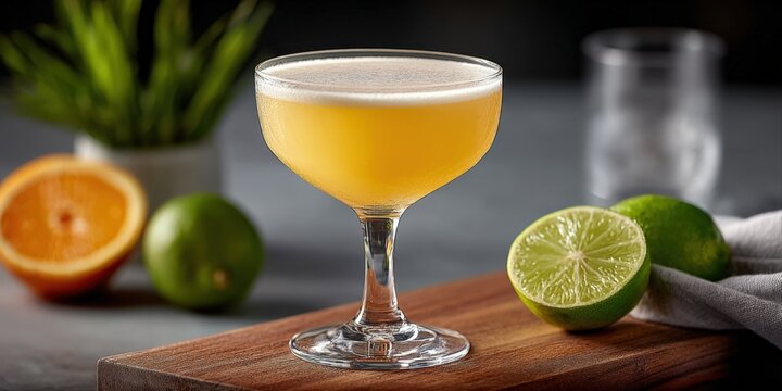 Refreshing Citrus Cocktail in Coupe Glass with Fresh Oranges and Limes on Wooden Board