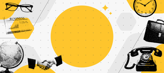 Business collage with stipplism elements depicting office tools and professional handshake. Graphic vector illustration for corporate presentation and career development concept banner. © hiten666