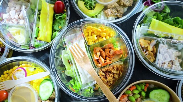 Plastic boxes with pre-packaged vegetable salads. Convenience food