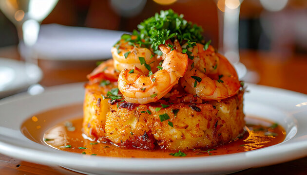 Shrimp mofongo on white dish with parsley garnish, rich garlic sauce, juicy shrimp, tasty food, appetizing Puerto Rican cuisine.
