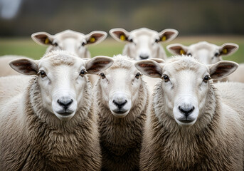 Fototapeta premium A charming close up of a flock of sheep grazing peacefully in a lush green pasture on a bright day