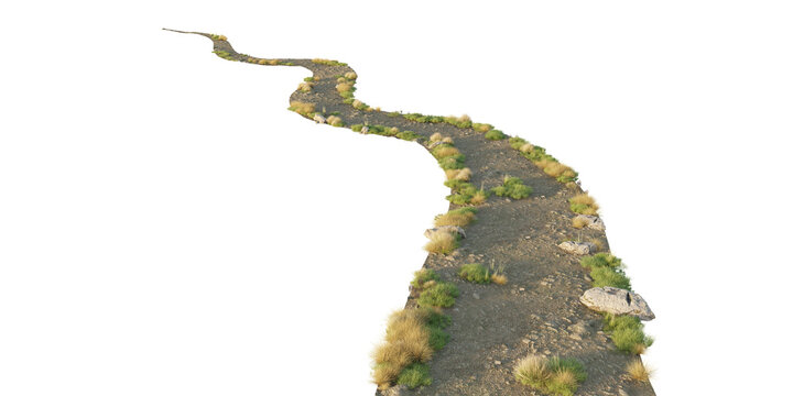 Winding Dirt Path with Grass, Rocks and Vegetation Isolated on Transparent Background. 3D rendering.