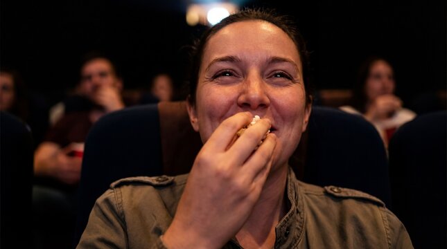 A movie enthusiast captivated by the cinematic experience, enjoys a tasty snack within the comfortable ambiance of the theatre.