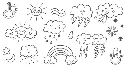 Naklejka premium weather forecast set in doodle style in vector. Element for design advertisement mail posts poster print postcard banner decor backgrounds