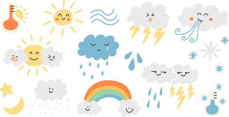 Naklejka premium weather forecast set in doodle style in vector. Element for design advertisement mail posts poster print postcard banner decor backgrounds