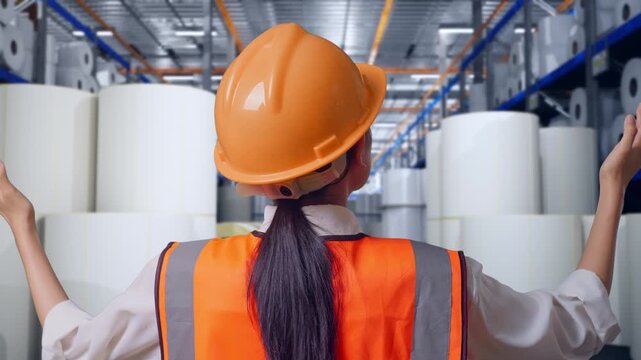 Close Up Back View Of A Female Engineer With Safety Helmet Spreading Arms While Standing at Warehouse with Rows of Stacked White Polymer and Paper Rolls
