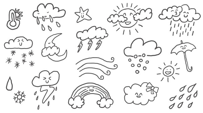 weather forecast set in hand drawn style in vector. Element for design advertisement mail posts poster print postcard banner decor backgrounds